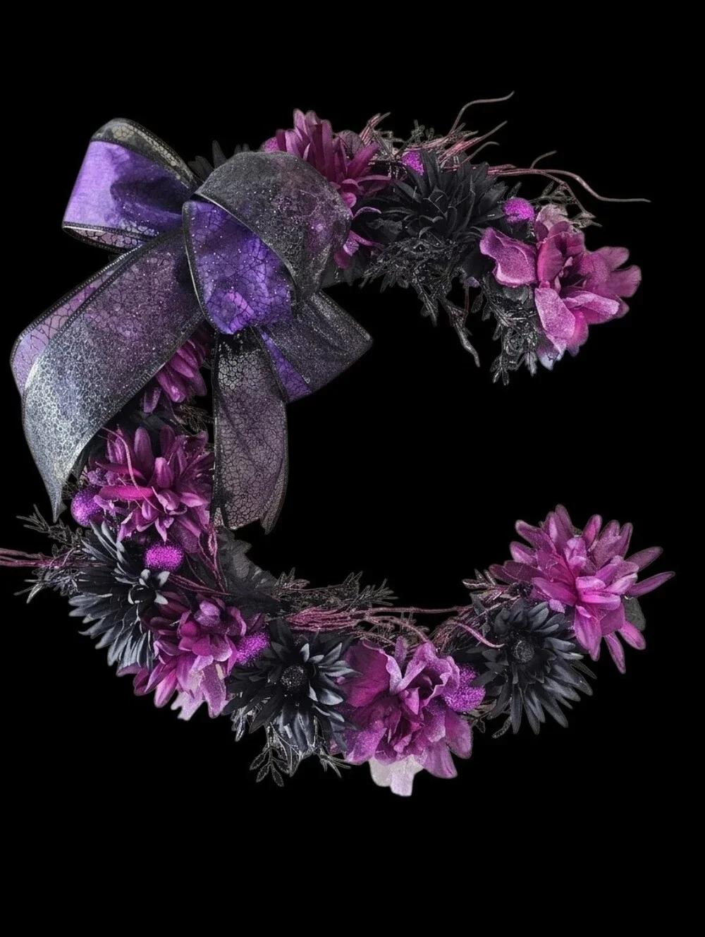 Gothic Halloween Crescent Moon Wreath Purple Black Faux Floral 18” Form